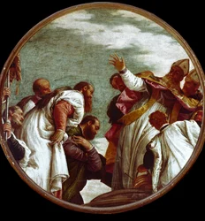 Święty Mikołaj otrzymuje hołd urzędnika Miry. Obraz Paolo Caliari dit Paolo Veronese (1528-1588)
