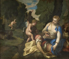 Wenus pleurant Adonis - Wenus opłakujący Adonis, autorstwa Veronese, Paolo (1528-1588). Olej na płótnie. Wymiar : 145x173,5 cm. Muzeum Narodowe w Sztokholmie