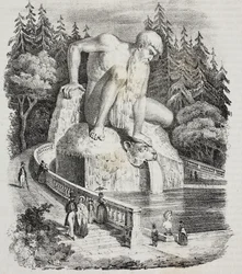 Kolos Apeninów (autorstwa Giambologni) w parku Villa Demidoff (Villa Medicea di Pratolino), Vaglia, Toskania, Włochy, litografia Giovanniego Marianiego z Poliorama Pittoresco, nr 10, 15 października