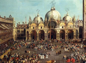 Walka byków lub polowanie na byki na Piazza San Marco, autorstwa Giovanniego Antonio Canal, znanego jako Canaletto (1697-1768) i Giovanniego Battisty Cimaroli (1687-po 1753), olej na płótnie, 99x145 cm