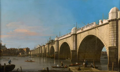 Londyn, most Westminster Bridge w budowie, widok z południowego wschodu