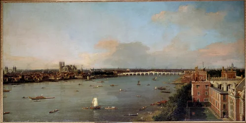 Widok Londynu i Tamizy w XVIII wieku. Obraz Antonia Canala, znanego jako Canaletto (1697-1768), XVIII wiek - Kolekcje Lobkowiczów, Pałac Lobkowiczów, Praga - Wymiary Wysokość: 118 cm (46.5 in). Szerokość: 238 cm (93.7 in)