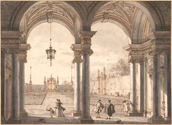 „Widok na barokową kolumnadę wychodzącą na ogród” (Widok przez barokową kolumnadę na ogród) Rysunek piórkiem Antonio Canal dit Canaletto (1697-1768) 1760-1768 Wymiary 33,1x45,4 cm Albertina , Wiedeń