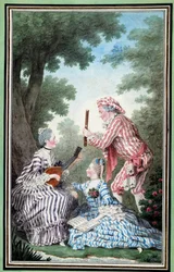 Madame de Meaux, Mademoiselle de Meaux i Monsieur de Saint Quentin powtarzają operę komiczną Akwarela Louisa Carrogisa Carmontelle (1717-1806) XVIII wiek Chantilly, Musee Conde