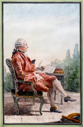 Portret Charlesa Marie de La Condamine (1701-1774), odkrywcy i francuskiego naukowca. Akwarela autorstwa Louisa Carrogisa Carmontelle (1717-1806). Chantilly z XVIII wieku. Muzeum Conde