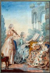 Trzy córki kompozytora Josepha Nicolasa Pancrace Royera (1705-1755) wykonujące partyturę baletu Zaide Aquarelle Louisa Carrogisa Carmontelle (1717-1806) 1760 Paryż, Musee Carnavalet