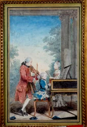 Wolfgang Amadeus Mozart (1756-1791) jako dziecko grający na fortepianie z ojcem i siostrą