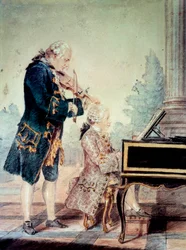 Wolfgang Amadeus Mozart (1756-1791) jako dziecko grający na fortepianie ze swoim ojcem Leopoldem. Akwarela Louisa Carrogisa Carmontelle