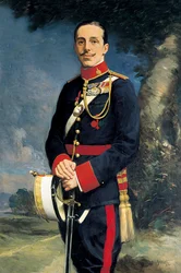 Portret Alfonsa XIII (1886-1941), króla Hiszpanii w wojskowym mundurze. Malarstwo Kaulaka (XIX wiek)