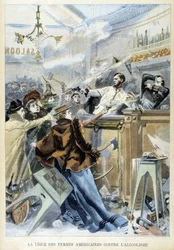 Starcie w barze ilustrujące walkę Amerykańskiej Ligi Kobiet z alkoholizmem. Ilustracja gazety "Petite Parisien" z 1905 roku.