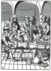 Tortury wodne, według drzeworytu z "Praxis Rerum Criminalium" Joosa de Damhoudera (1507-81) opublikowanego w Antwerpii