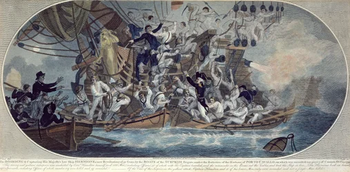 Wejście na pokład i zdobycie nieżyjącego już statku Jego Królewskiej Mości, Hermiony (obecnie Retribution) 25 października 1799 r., grawerowane przez Roffe (akwaforta kolorowa)
