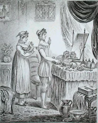 Progress of the Toilet: the Stays, akwaforta autorstwa Jamesa Gillraya (1757-1815) opublikowana przez Hannah Humphrey w 1810 roku (akwaforta)