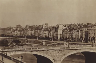 Quai de la Megisserie około 1860 roku, teatr Chatelet jest już zbudowany (zdjęcie czarno-białe)