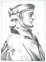 Agrippa von Nettesheim (1486-1535) kopia ilustracji z „Das Kloster” vol II autorstwa J Scheible, Stuttgart 1845, wykorzystana w „Historii magii”, wydanej pod koniec XIX wieku (rycina)