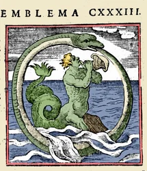 Tryton i uroboros, ilustracja „Symbole” (Emblemy z książeczki) autorstwa Andrei Alciati (kolor litho)
