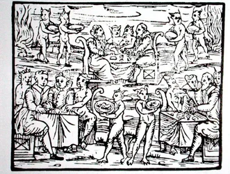Uczta czarnoksiężnika, kopia ilustracji z „Compendium Maleticarum” ks. M. Guaccius, Mediolan 1608, wykorzystana w wydanej w końcu XIX w. „Historii magii” (drzewryt)