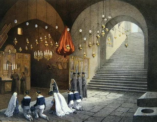 Grób Marii Panny w Efezie koło Izmiru, ilustracja z „Pamiątek z Jerozolimy” Contre-Amiral Paris, ryty przez Bacheliera i Julesa Gaildrau (1816-98) (kolor litho)