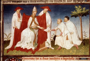 Bracia Nicolo i Matteo Polo, wuj i ojciec Marco Polo (1254-1324) wręczyli papieżowi Grzegorzowi X list z Qubilai (Kubilai Khan, pierwszego cesarza mongolskiej dynastii Yuan (1215-1294) Miniatura zaczerpnięta z „Księgi św. Cuda””” („Wymyślenie świata