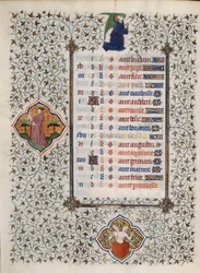 Strona rękopisu „Les Tres Riches Hours du Duke Francois de Guise”” opisana przez Mistrza z Boucicaut: przedstawienie znaków zodiaku i sceny z życia codziennego: klejnoty. XV wiek. Muzeum Conde, Chantilly