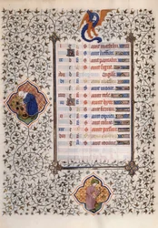 Strona rękopisu „Les Tres Riches Hours du Duke Francois de Guise”” opatrzona przez Mistrza Boucicaut: przedstawienie znaków zodiaku i pracy rolniczej: równowaga i żniwa. XV wiek. Muzeum Conde, Chantilly