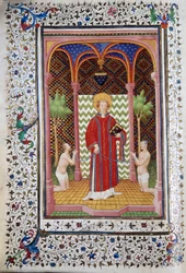 Reprezentacja św. Leonarda (VI w.), pustelnika z Limousin, uwalniającego dwóch więźniów Strona rękopisu „Les Tres Riches Hours du Duke Francois de Guise”” ogłoszonego przez Mistrza Boucicaut. XV wiek. Muzeum Conde, Chantilly