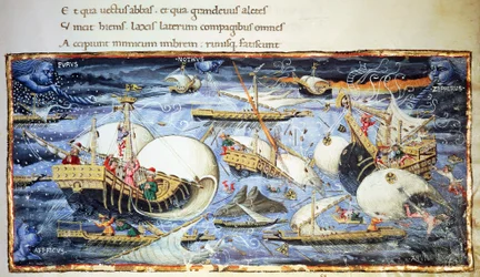 Żaglowce, ilustracja do Eneidy, poemat epicki Wergiliusza (70-19 p.n.e.), miniatura przypisywana Apollonio di Giovanni (1415-1465)