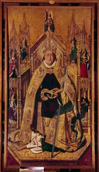 Św. Dominika de Silos (1000-1073) na tronie Dominika była pasterzem Nawarry. Został mnichem benedyktyńskim w Silos w Kastylii. Obraz na drewnie autorstwa Cardenas Bermejo (1435/40-1500) XV w. Wym. 242 x 130 cm Madryt, Muzeum Prado - Św. Dominik z