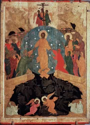 Zejście do piekła. Epizod Zmartwychwstania, zaraz po śmierci Chrystus zstąpił do bram królestwa umarłych (otchłani), gdzie dusze wegetują w oczekiwaniu na wizję uszczęśliwiającą, aby uwolnić dusze Ju