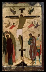 Rosyjska ikona „Ukrzyżowanie”. Obraz na drewnie Dionizego (Dionizjusza lub Dionizjusza Mądrego) (ok.1450-ok.1508) 1500 Państwowa Galeria Trietiakowska, Moskwa