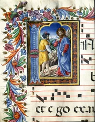 Decoree lettrine przedstawiający kuszenie Chrystusa Miniatura autorstwa Liberale da Verona (1445-1529) z chóru (kod 20/5. c.45v) z katedry w Sienie. XV-wieczna katedra (Duomo) w Sienie, Włochy