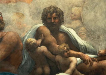 Wizja św. Jana Ewangelisty na Patmos, Wniebowstąpienie Chrystusa wśród Apostołów, czyli Chrystus w chwale autorstwa Antonio Allegriego, znanego jako Correggio (1489-ok. 1534), fresk, średnica podstawy 966x888 cm, detal, kościół św. Jana Ewangelisty, kopuła