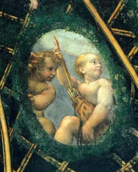 Jajnik z cherubinami, fresk Antonio Allegri Da Correggio (1489-1534) Pokój opaty, klasztor San Paolo, Parma, Włochy