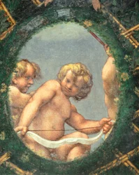 Jajnik z cherubinami, fresk Antonio Allegri Da Correggio (1489-1534) Pokój opaty, klasztor San Paolo, Parma, Włochy