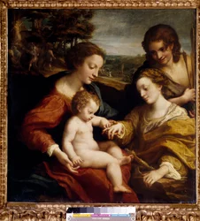 Mistyczne małżeństwo św. Katarzyny Aleksandryjskiej z obrazem św. Sebastiana autorstwa Antonio Allegri (dit Correggio lub Le Correge 1489-1534) XVI-wieczne słońce. 1,05x1,02 m Paryż, Muzeum Luwru.