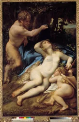 Obraz Wenus, Satyra i Kupidyna autorstwa Antonio Allegri (dit Correggio ou Le Correge 1489-1534) 1525 nd. 1,88x1,25 m²
