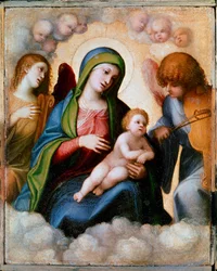 Dziewica z Dzieciątkiem w otoczeniu dwóch aniołów i cherubinów Obraz Allegri Antonio dit Il Correggio (The Correge