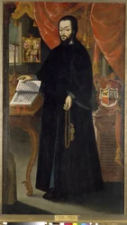 Portret księcia Dymitra, mnicha Ławry Jaskini Kijowskiej (Ukraina). (Portret księcia Dymitra, mnicha kijowskiego klasztoru jaskiń). Portret mnicha prawosławnego, stojącego przed biurkiem, studiującego otwartą księgę przed krucyfiksem i