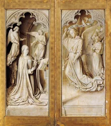 Zwiastowanie w grisaille (monochromatyczny szary), zewnętrzne skrzydła ołtarza z tryptyku (ok. 1489-1502) autorstwa mistrza z Moulins, w katedrze Notre-Dame, Moulins, Francja.
