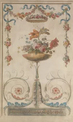 Wazon z kwiatami spoczywający na zwojach liściowych, 1770-90.