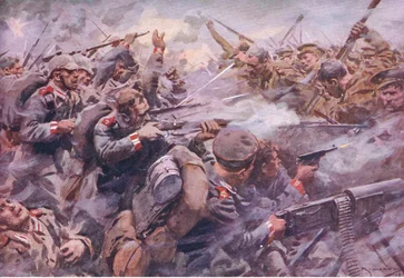 Klęska gwardii pruskiej pod Zonnebeke, z Historii Wielkiej Wojny, tom 3, wydanej przez Waverley Book Co Limited, ok.1920