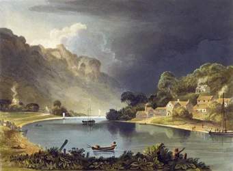 Widok w dół rzeki przy New Weir, tablica 13 z „Opisu rzeki Wye”, grawerowana przez Theodore Henry Fielding (1781-1851), 1818 (akwatinta ręcznie kolorowana)