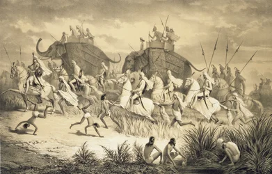 Kawalkada wodzów Sikhów na słoniach, z „Podróży w Indiach”, wyryta przez pub Louis Henri de Rudder (1807-81). w Londynie