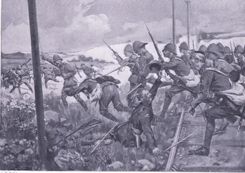 Szarża szkockich fizylierów w Fredrikstad, ilustracja z After Pretoria: The Guerilla War, 1902