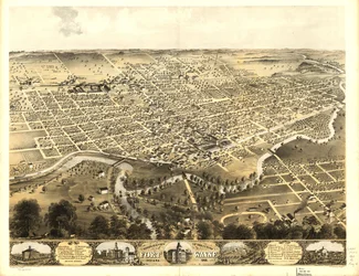 Widok miasta Fort Wayne w stanie Indiana z lotu ptaka, 1868 r. LOC 73693381