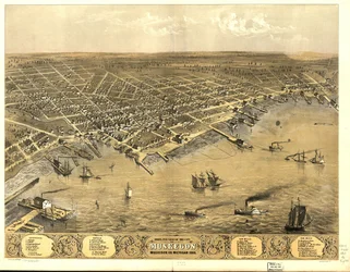 Widok z lotu ptaka na miasto Muskegon, Muskegon Co., Michigan 1868.