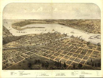 Widok z lotu ptaka na miasto Port Huron, Sarnia i Gratiot, St. Clair Co., Michigan 1867 i Point Edwards, Lambton Co., Kanada zachód. LOC 73693443