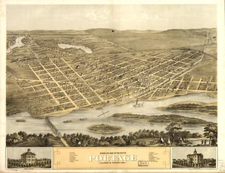 Widok miasta Portage z lotu ptaka, Columbia Co., Wisconsin, 1868 r. LOC 73694548