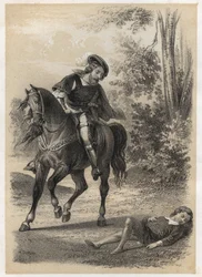 Jacques Amyot (1513-1593), uratowany w wieku 10 lat przez podróżnika. Grawerowanie A. Duruy w „Ilustracjach literackich Francji”; lub Galeria anegdot naszych głównych autorów zainteresowanych ich działaniami i ich inskrypcjami” J.B. Maigrot. 1865.