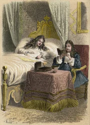 Ludwik XIV, król Francji, lubił słuchać, jak Jean Racine czytał i sprowadzał go, gdy był chory. Grawerowanie A. Duruy w „Ilustracjach literackich Francji”; złota, Anegdotyczna galeria naszych głównych autorów zainteresowanych ich czynami i ich inskrypcjami
